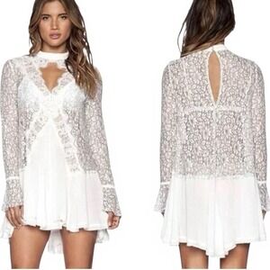 Free People Tell Tale White Cutout Lace Tunic Mini Dress Small‎ Boho Festival